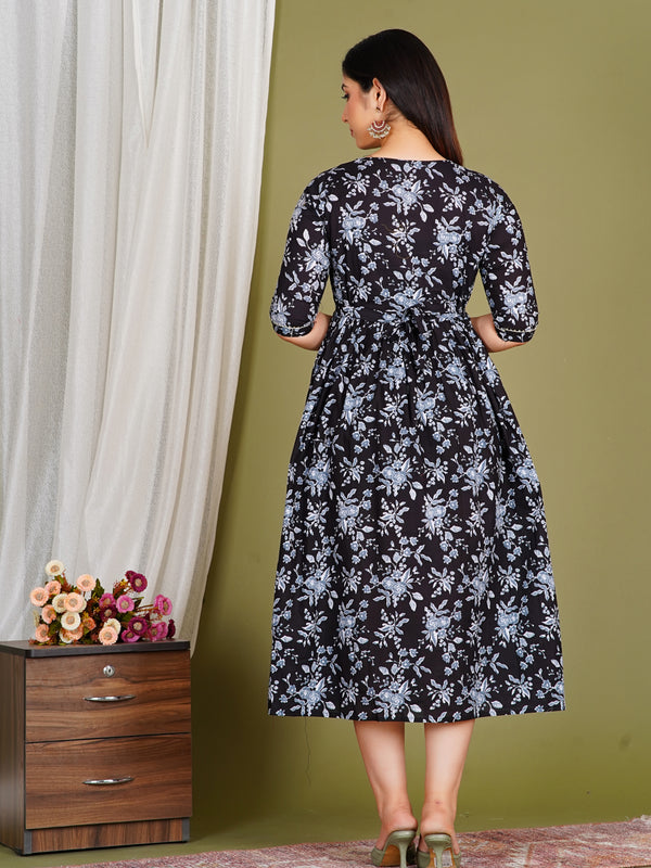 Women's Cotton Neck Black Floral Maternity Feeding Dress with Zipper