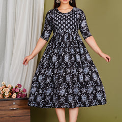 Women's Cotton Neck Black Floral Maternity Feeding Dress with Zipper