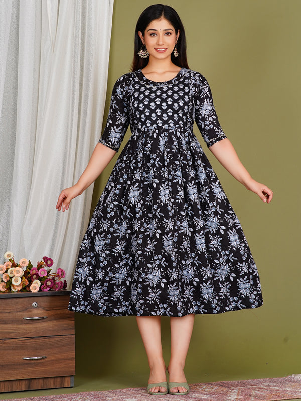 Women's Cotton Neck Black Floral Maternity Feeding Dress with Zipper