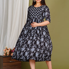 Women's Cotton Neck Black Floral Maternity Feeding Dress with Zipper