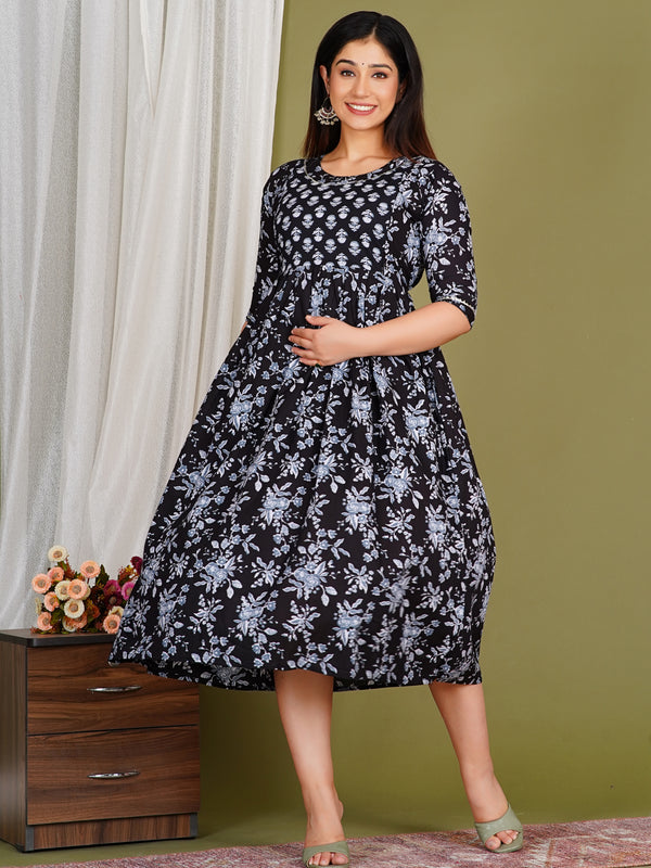 Women's Cotton Neck Black Floral Maternity Feeding Dress with Zipper