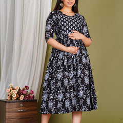 Women's Cotton Neck Black Floral Maternity Feeding Dress with Zipper