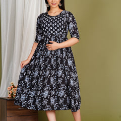 Women's Cotton Neck Black Floral Maternity Feeding Dress with Zipper