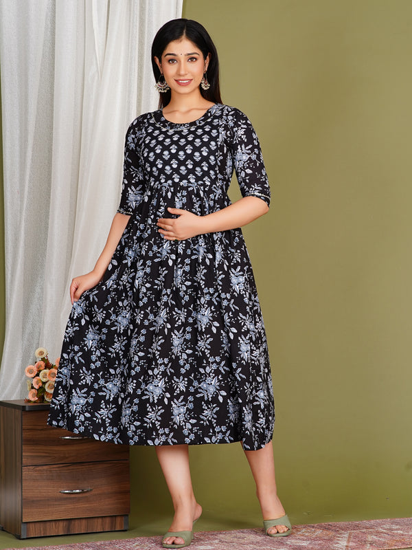 Women's Cotton Neck Black Floral Maternity Feeding Dress with Zipper