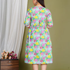Women's Cotton Sky Blue Floral Maternity Feeding Dress with Zipper