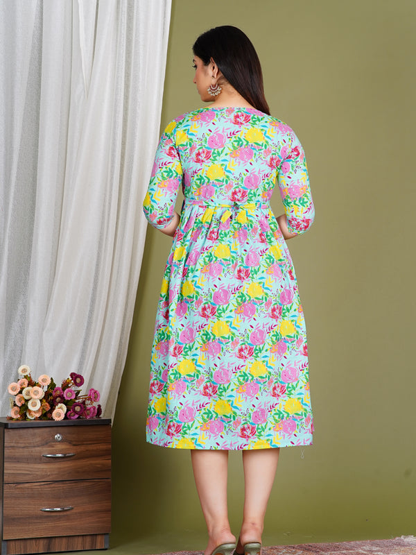 Women's Cotton Sky Blue Floral Maternity Feeding Dress with Zipper