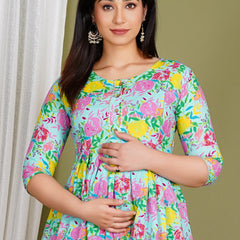 Women's Cotton Sky Blue Floral Maternity Feeding Dress with Zipper