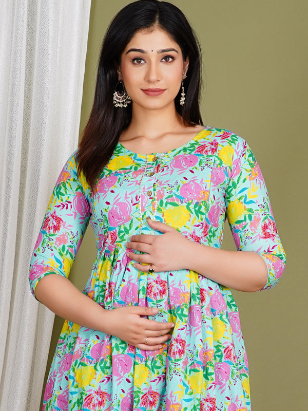 Women's Cotton Sky Blue Floral Maternity Feeding Dress with Zipper