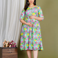 Women's Cotton Sky Blue Floral Maternity Feeding Dress with Zipper