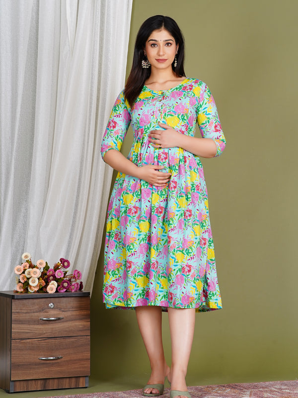 Women's Cotton Sky Blue Floral Maternity Feeding Dress with Zipper