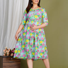 Women's Cotton Sky Blue Floral Maternity Feeding Dress with Zipper