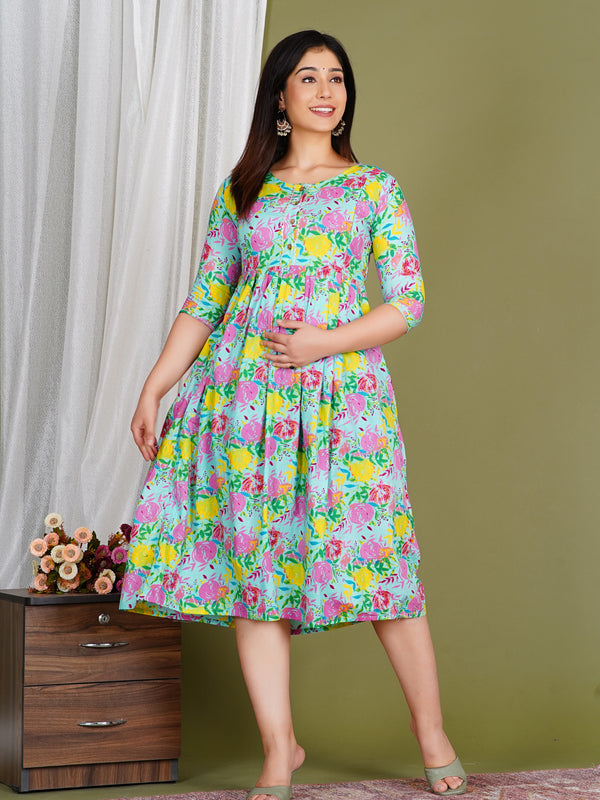 Women's Cotton Sky Blue Floral Maternity Feeding Dress with Zipper