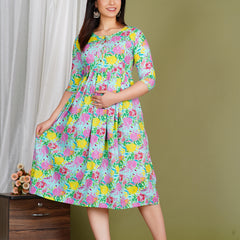 Women's Cotton Sky Blue Floral Maternity Feeding Dress with Zipper