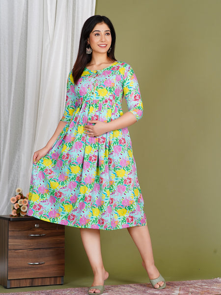 Women's Cotton Sky Blue Floral Maternity Feeding Dress with Zipper