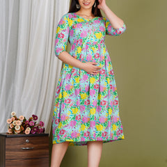 Women's Cotton Sky Blue Floral Maternity Feeding Dress with Zipper