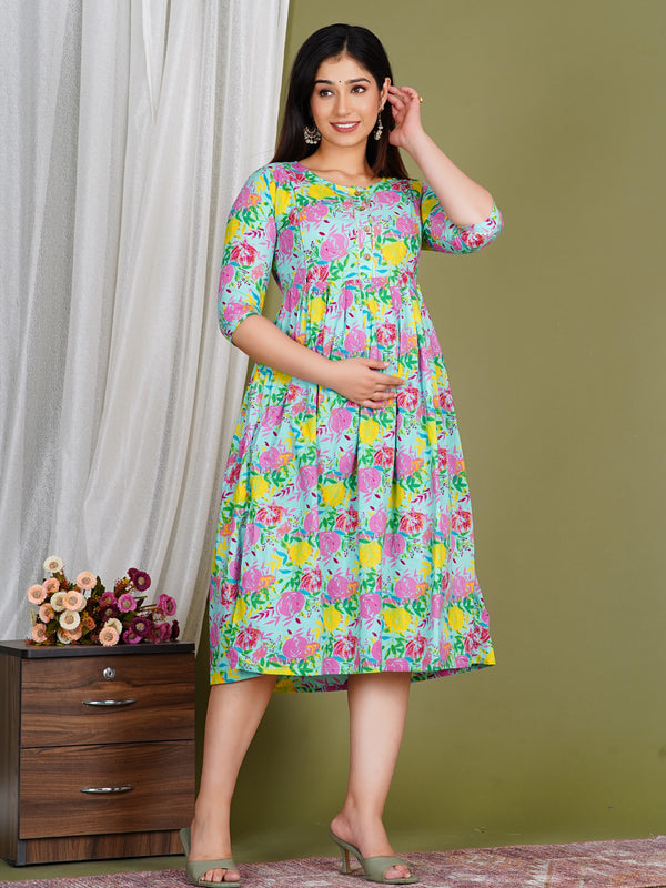 Women's Cotton Sky Blue Floral Maternity Feeding Dress with Zipper