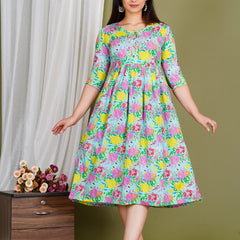 Women's Cotton Sky Blue Floral Maternity Feeding Dress with Zipper