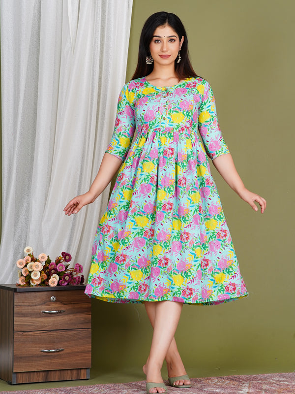 Women's Cotton Sky Blue Floral Maternity Feeding Dress with Zipper