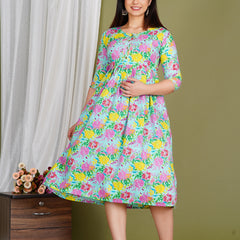Women's Cotton Sky Blue Floral Maternity Feeding Dress with Zipper