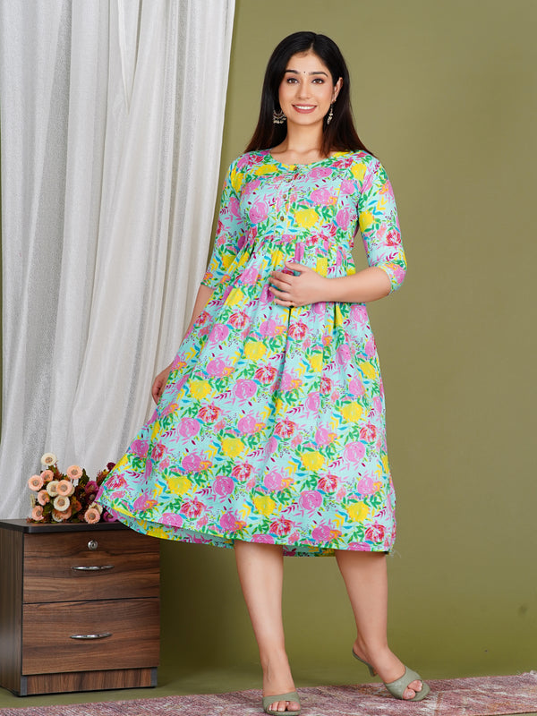 Women's Cotton Sky Blue Floral Maternity Feeding Dress with Zipper