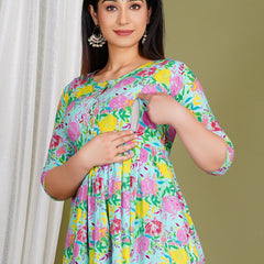 Women's Cotton Sky Blue Floral Maternity Feeding Dress with Zipper