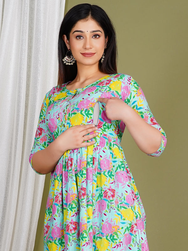 Women's Cotton Sky Blue Floral Maternity Feeding Dress with Zipper