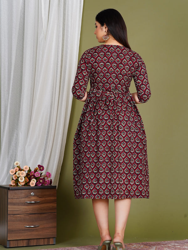Women's Cotton Paan Floral Maternity Feeding Dress with Zipper
