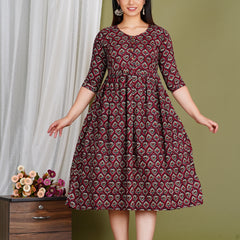 Women's Cotton Paan Floral Maternity Feeding Dress with Zipper