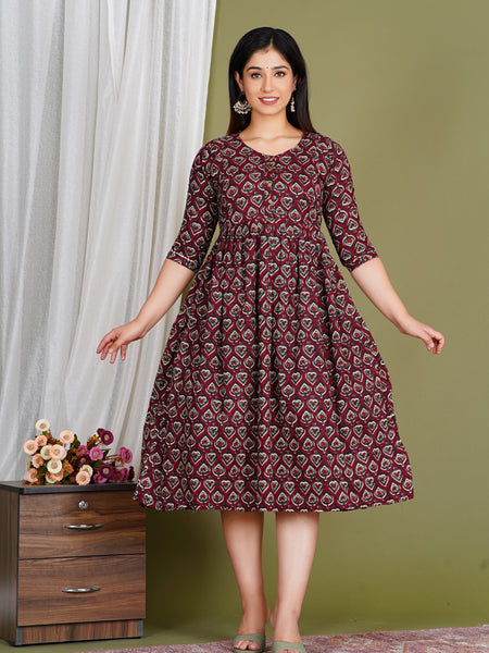 Women's Cotton Paan Floral Maternity Feeding Dress with Zipper