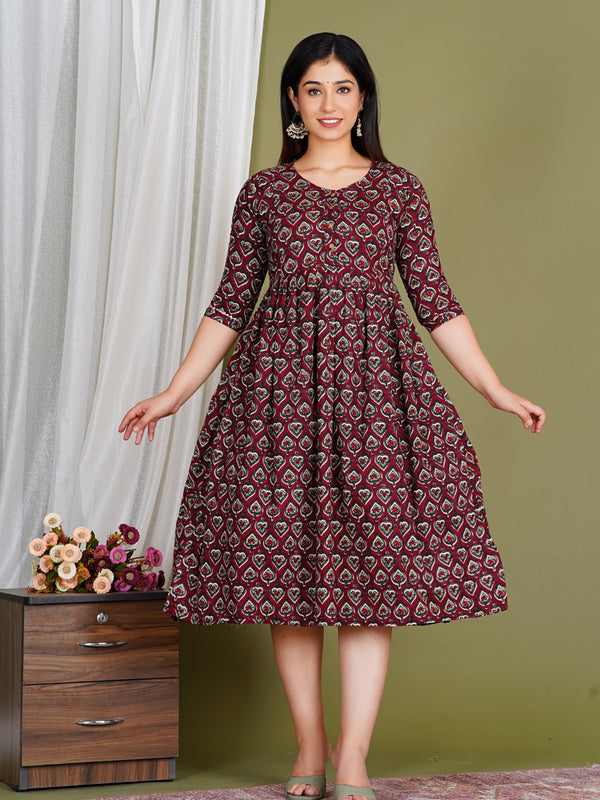 Women's Cotton Paan Floral Maternity Feeding Dress with Zipper