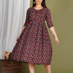 Women's Cotton Paan Floral Maternity Feeding Dress with Zipper