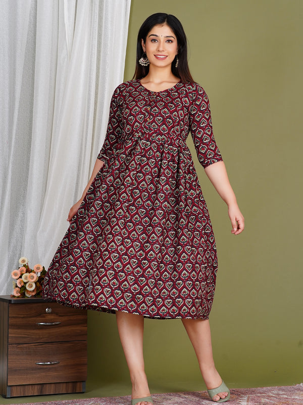Women's Cotton Paan Floral Maternity Feeding Dress with Zipper