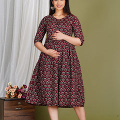 Women's Cotton Paan Floral Maternity Feeding Dress with Zipper