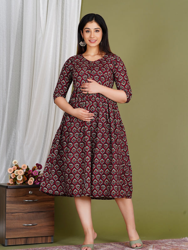 Women's Cotton Paan Floral Maternity Feeding Dress with Zipper
