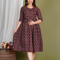 Women's Cotton Paan Floral Maternity Feeding Dress with Zipper