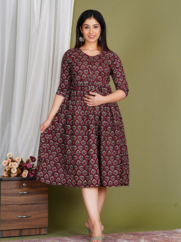 Women's Cotton Paan Floral Maternity Feeding Dress with Zipper