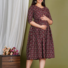 Women's Cotton Paan Floral Maternity Feeding Dress with Zipper