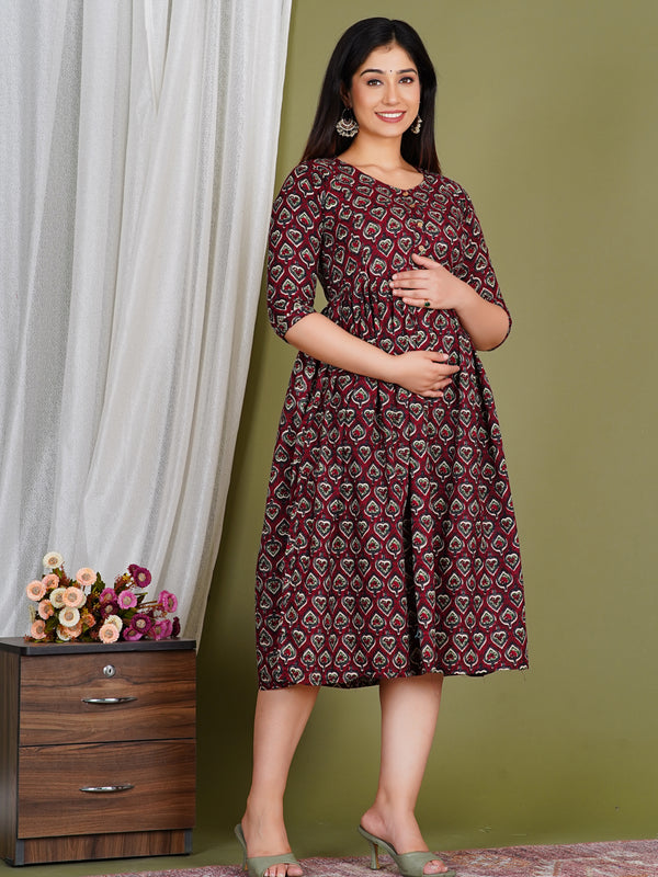 Women's Cotton Paan Floral Maternity Feeding Dress with Zipper