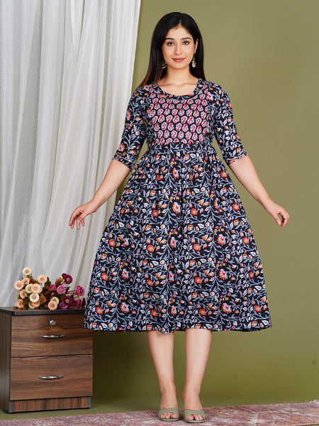 Women's Cotton Floral Maternity Feeding Dress with Zipper
