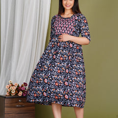 Women's Cotton Floral Maternity Feeding Dress with Zipper