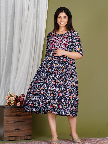 Women's Cotton Floral Maternity Feeding Dress with Zipper