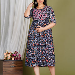 Women's Cotton Floral Maternity Feeding Dress with Zipper