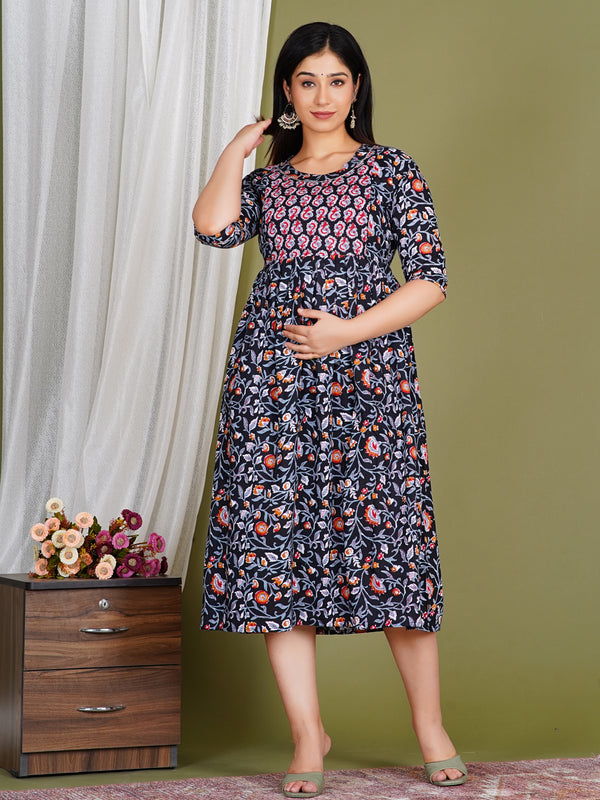 Women's Cotton Floral Maternity Feeding Dress with Zipper