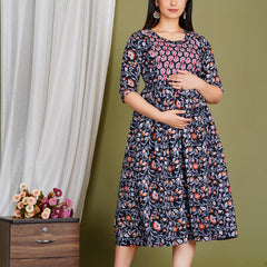 Women's Cotton Floral Maternity Feeding Dress with Zipper