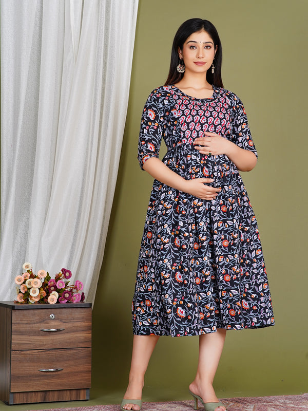 Women's Cotton Floral Maternity Feeding Dress with Zipper