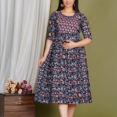 Women's Cotton Floral Maternity Feeding Dress with Zipper