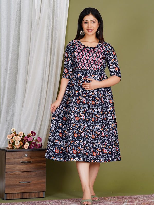 Women's Cotton Floral Maternity Feeding Dress with Zipper