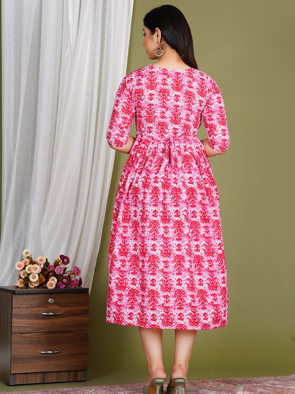 Women's Cotton Floral Maternity Feeding Dress with Zipper