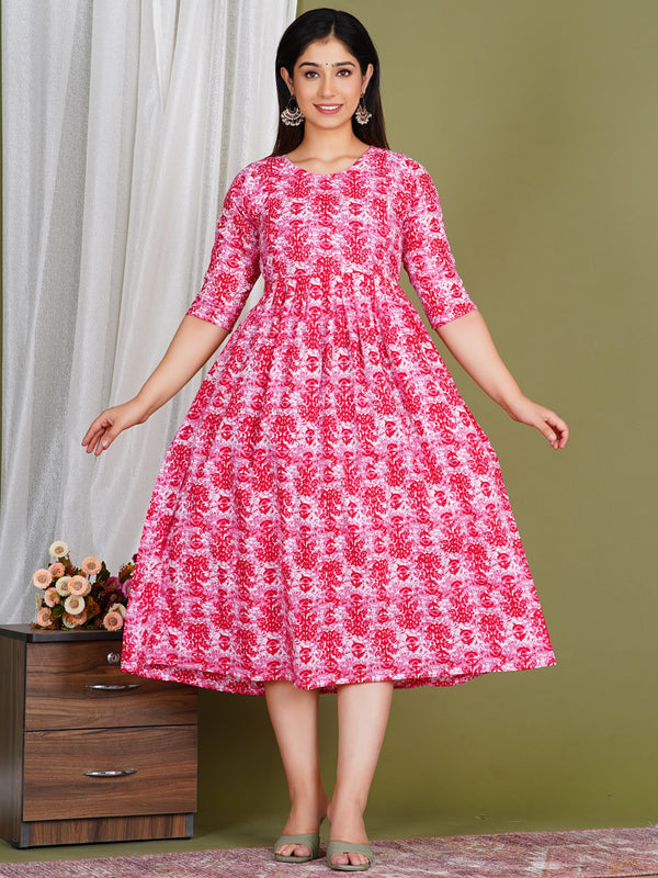 Women's Cotton Floral Maternity Feeding Dress with Zipper