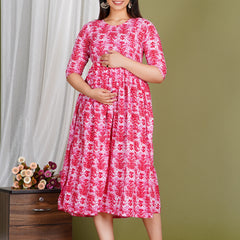 Women's Cotton Floral Maternity Feeding Dress with Zipper